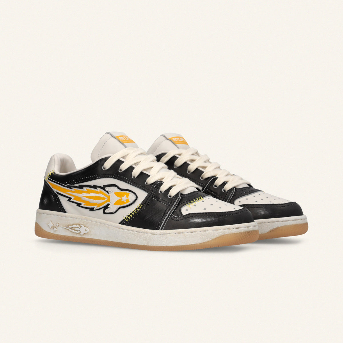 ENTJPN Egg Rocket – Vintage Black and Yellow Leather Sneakers
