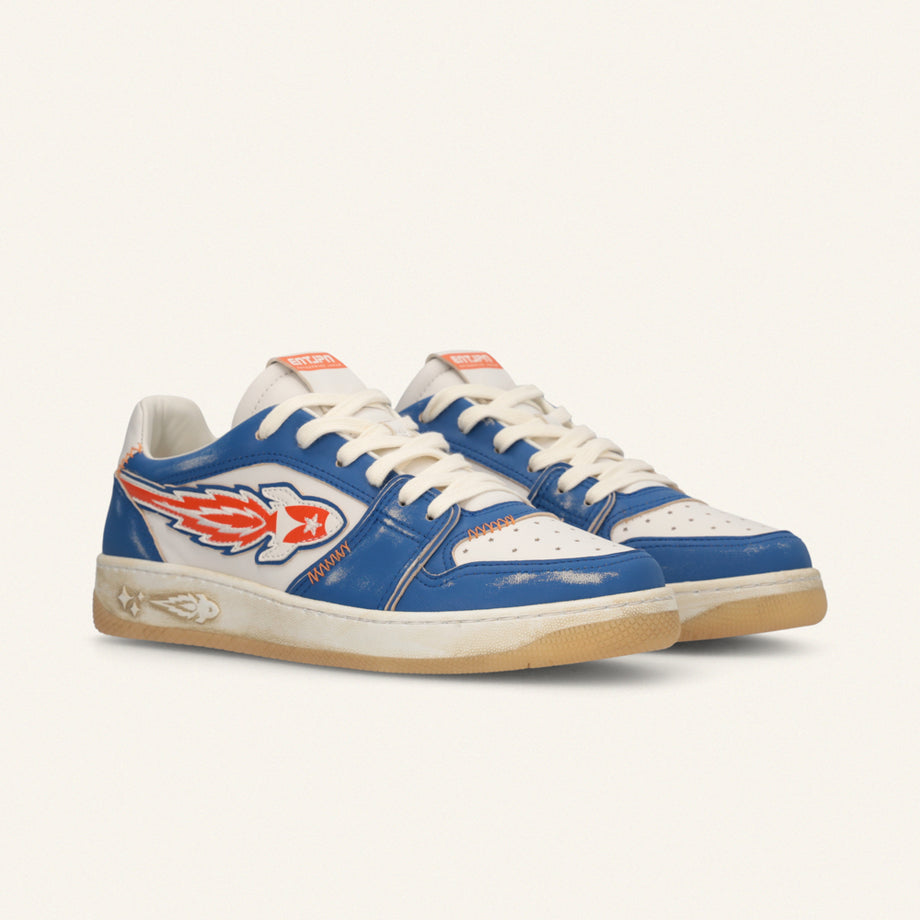 ENTJPN Egg Rocket – Vintage Blue and Orange Leather Sneakers