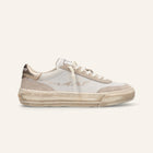 ENTJPN 75 – Sneaker in pelle bianca e suede sand con dettagli light gold