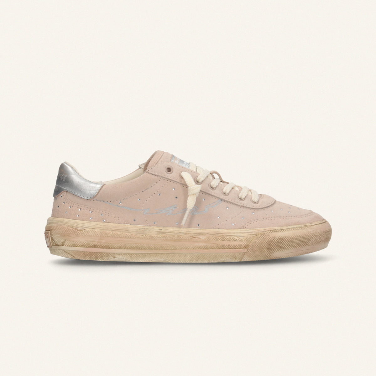 ENTJPN 75 – Sneaker in suede nude con strass e dettagli argento