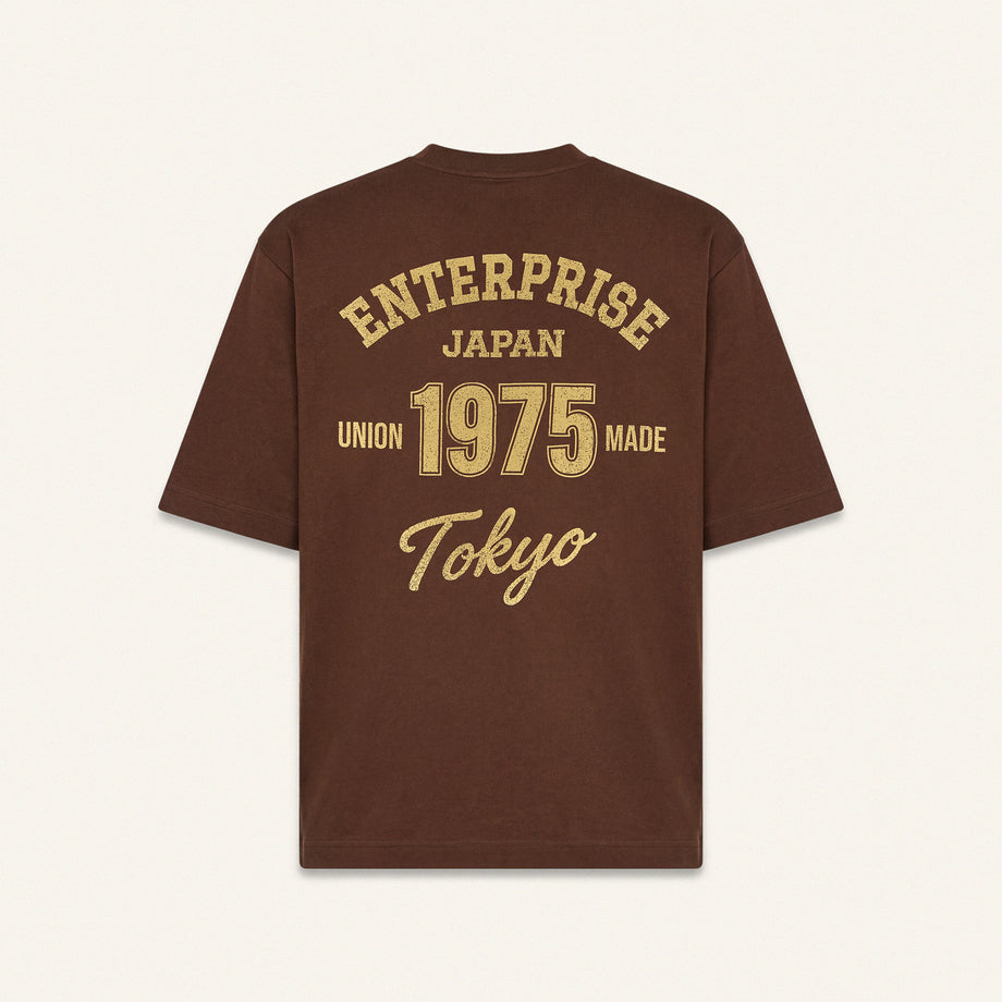 Mocha-Coloured Cotton T-Shirt with 'ENTJPN 1975 Tokyo' Print